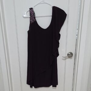 Night Way Collections One-Shoulder Ruffle Dress in Deep Plum with Sequin Strap